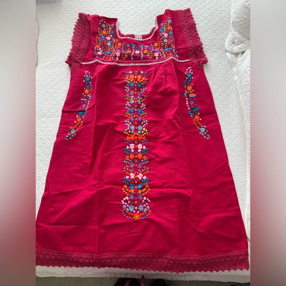 NWOT Hot Pink Embroidered Shift Dress from Mexico: Medium